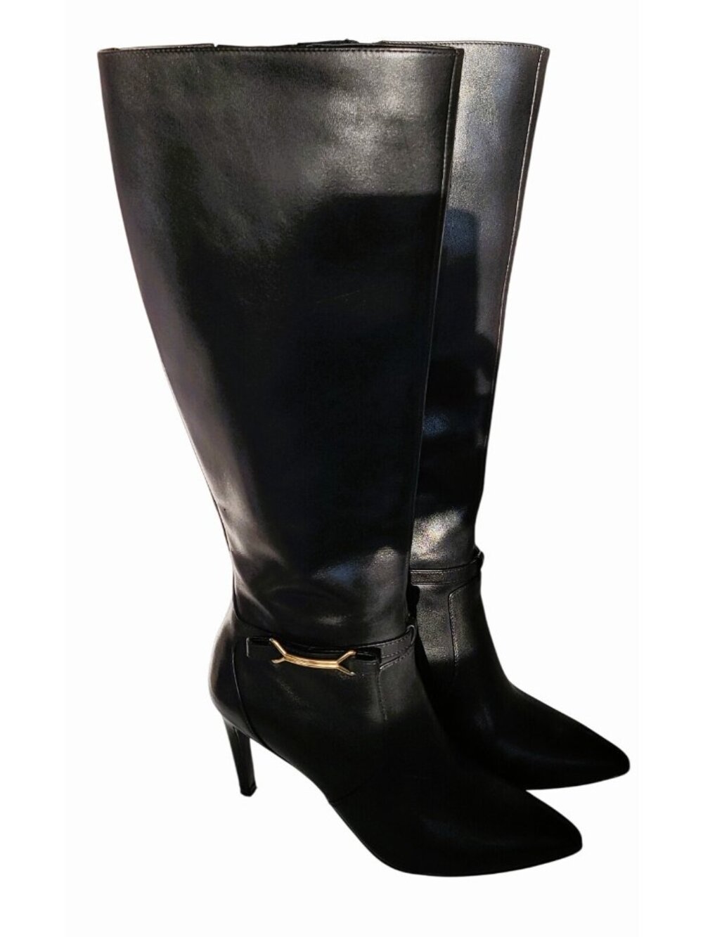 Cole Haan Loveth Women's Black Leather Knee High Stiletto Boots Gold Bit 5.5 B - Picture 6 of 8